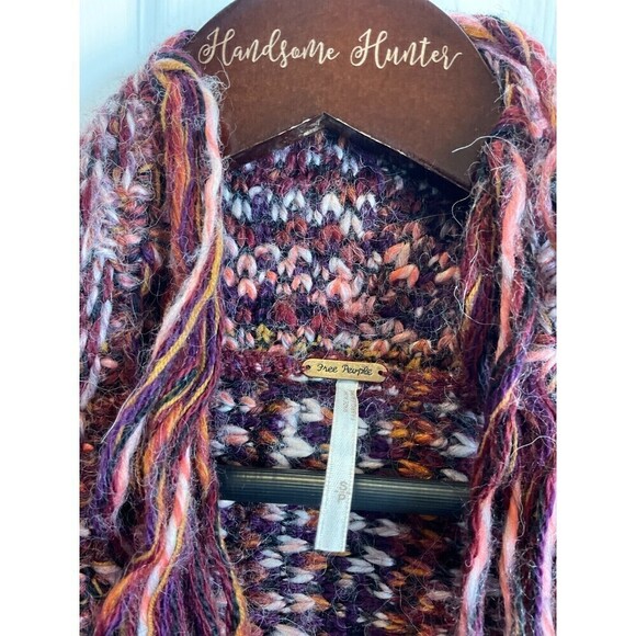 Free People Birkenstock Red Cardigan S Boho Chunky Fringe Wool Alpaca Sweater N3 - Picture 7 of 12